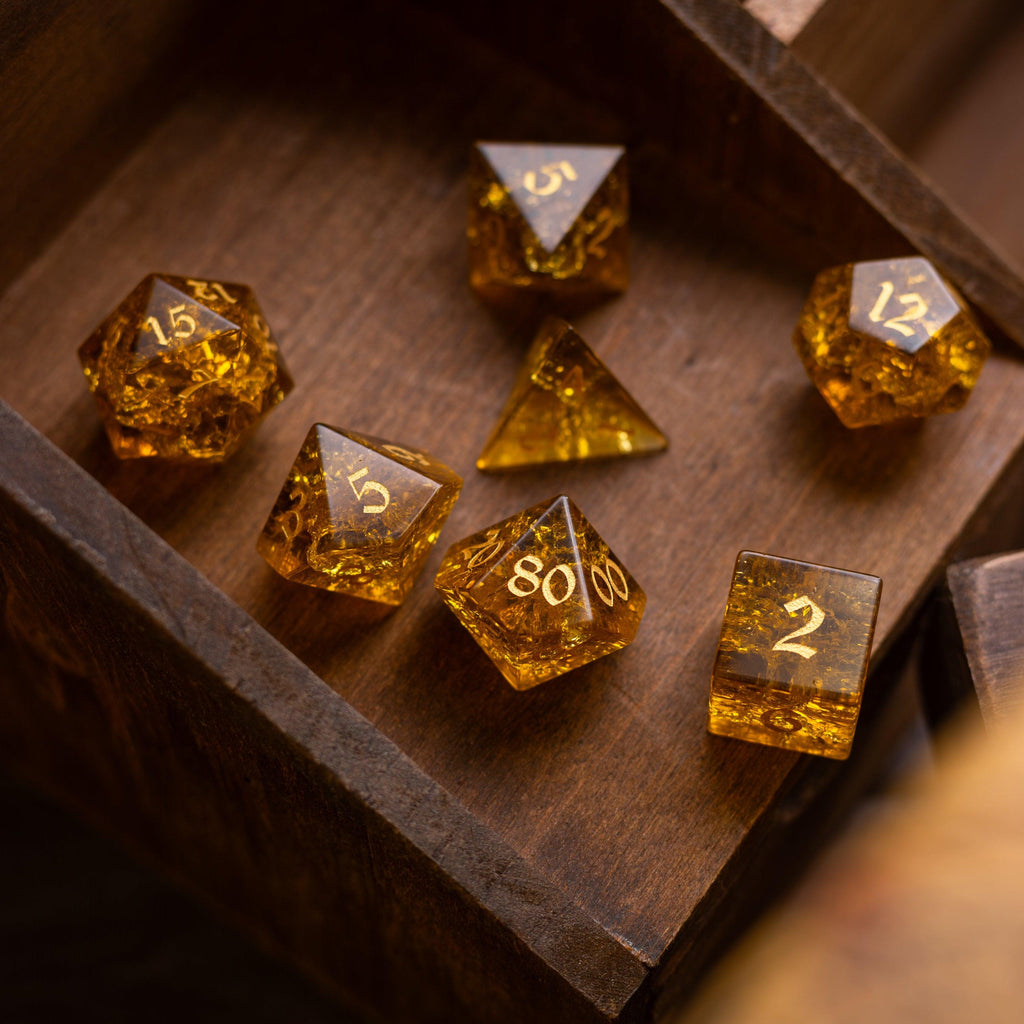 Gold Honey Lightning Cracked Glass DND Dice Set | Gemstone Dice | Wiccan Center