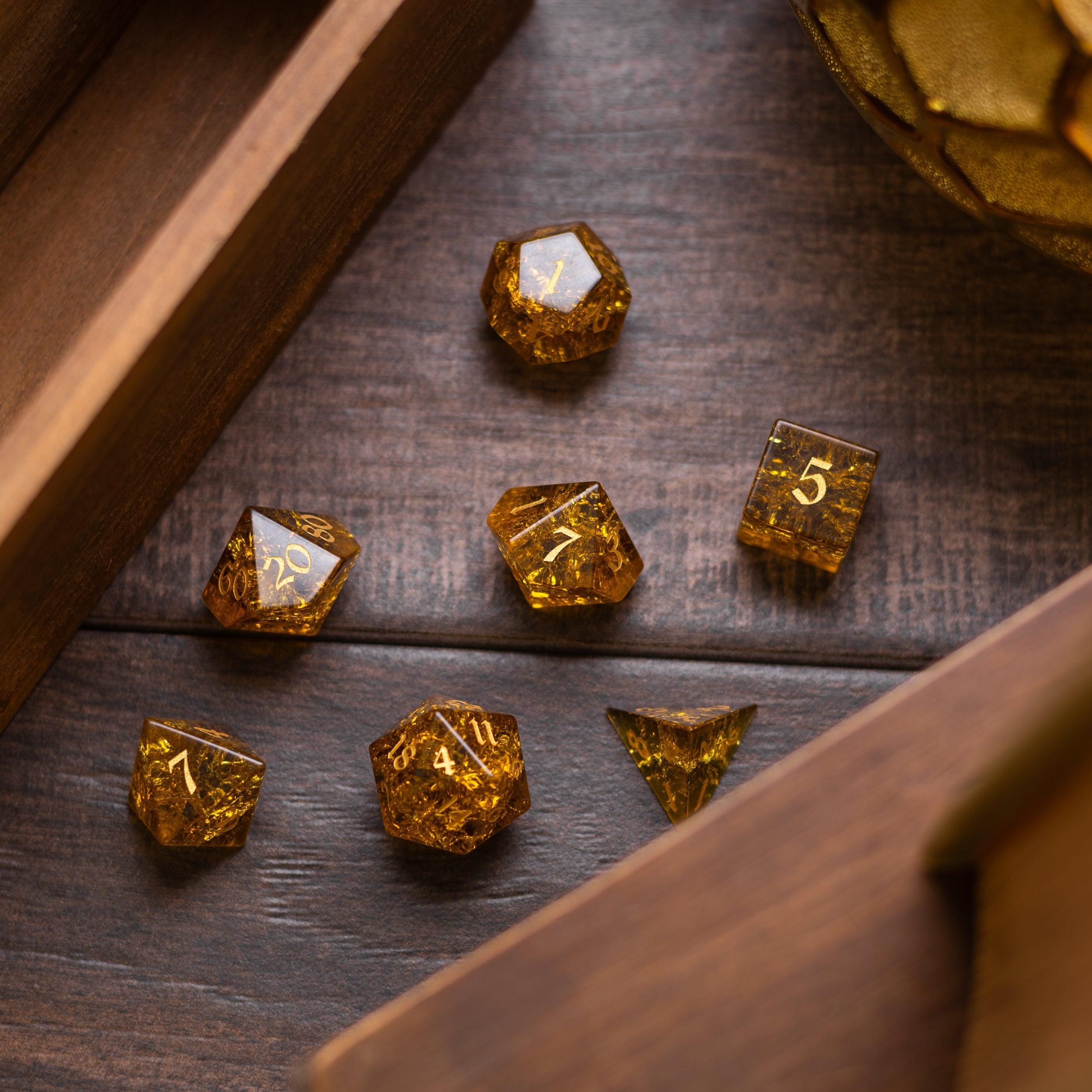 Gold Honey Lightning Cracked Glass DND Dice Set | Gemstone Dice | Wiccan Center