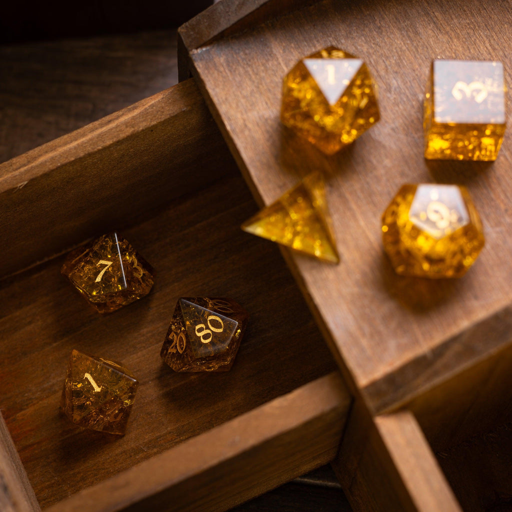 Gold Honey Lightning Cracked Glass DND Dice Set | Gemstone Dice | Wiccan Center