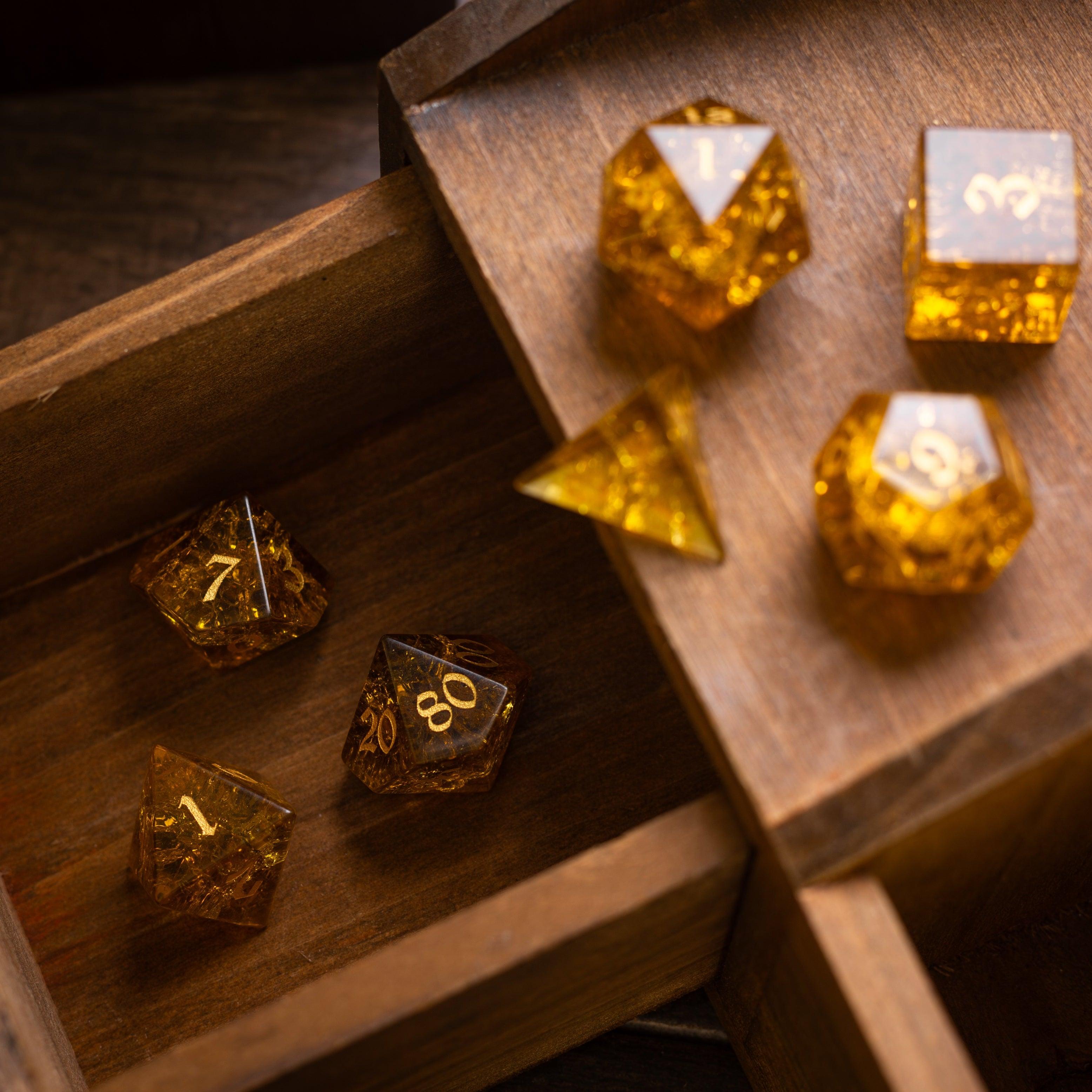 Gold Honey Lightning Cracked Glass DND Dice Set | Gemstone Dice | Wiccan Center