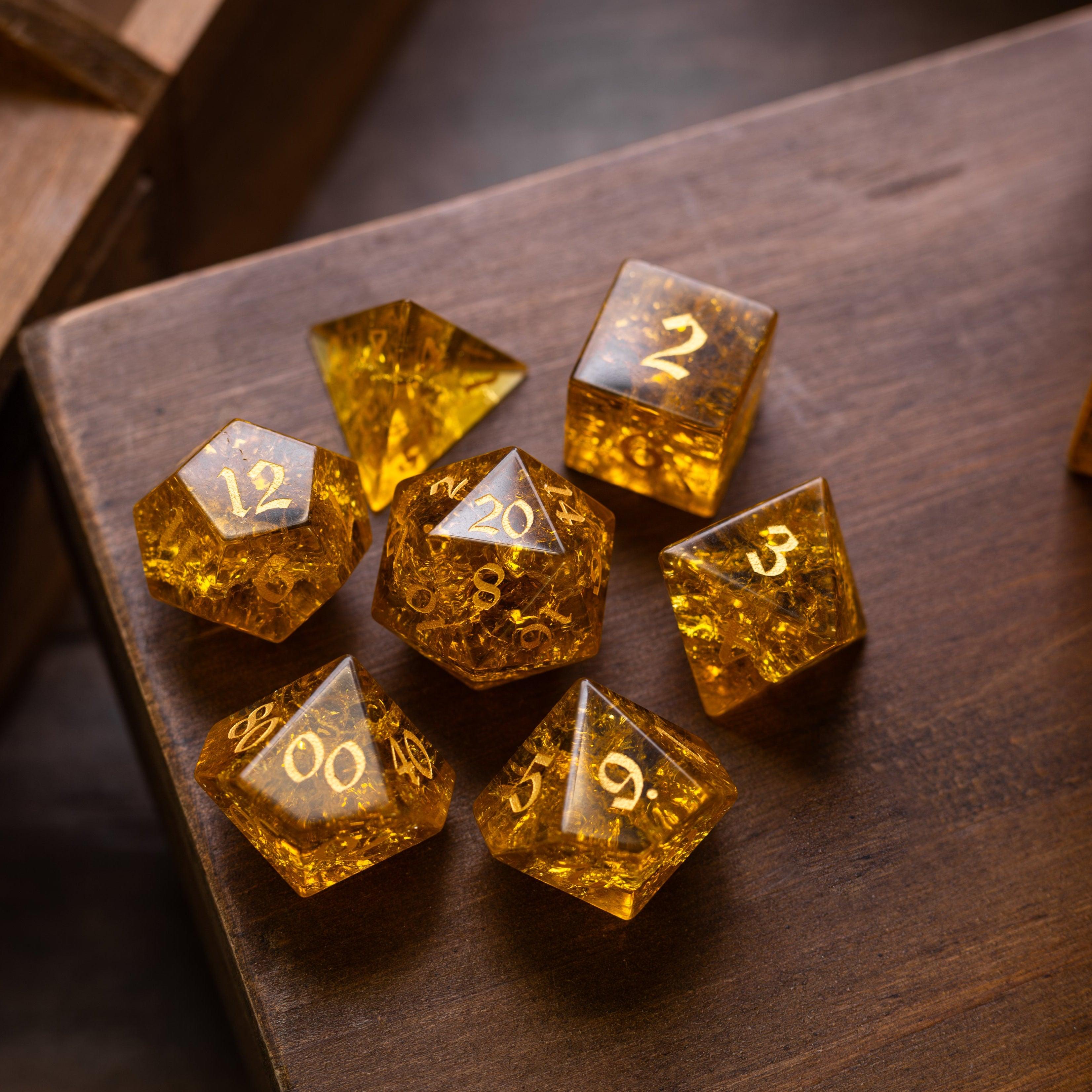 Gold Honey Lightning Cracked Glass DND Dice Set | Gemstone Dice | Wiccan Center