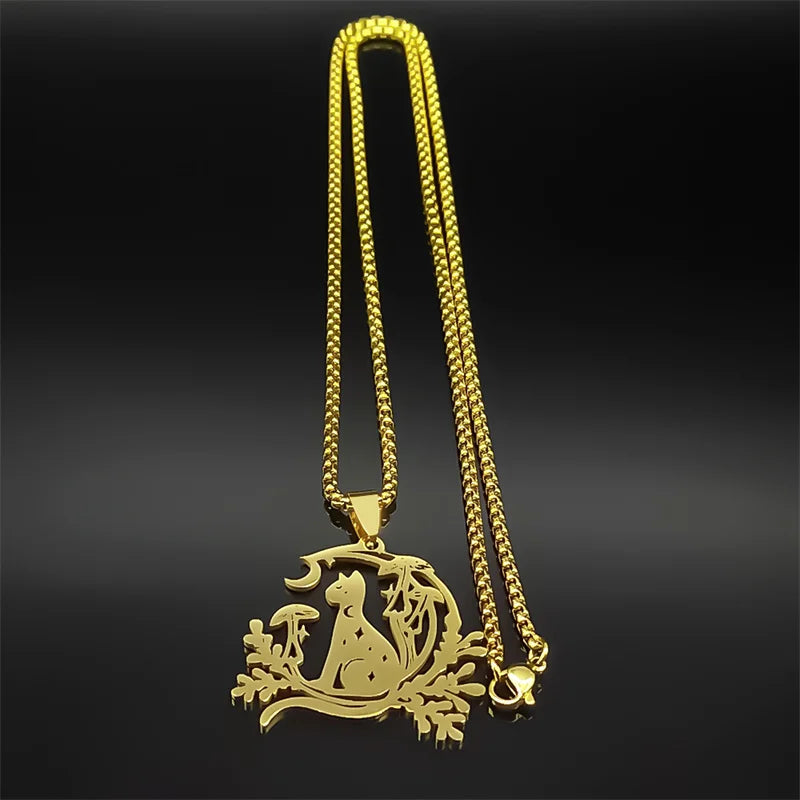 Cat Moon Mushroom Necklace | necklace | Wiccan Center