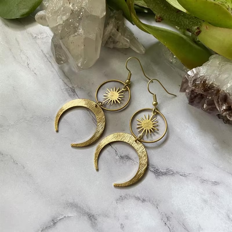 Druzy Crescent Moon Sun Earrings | earrings | Wiccan Center