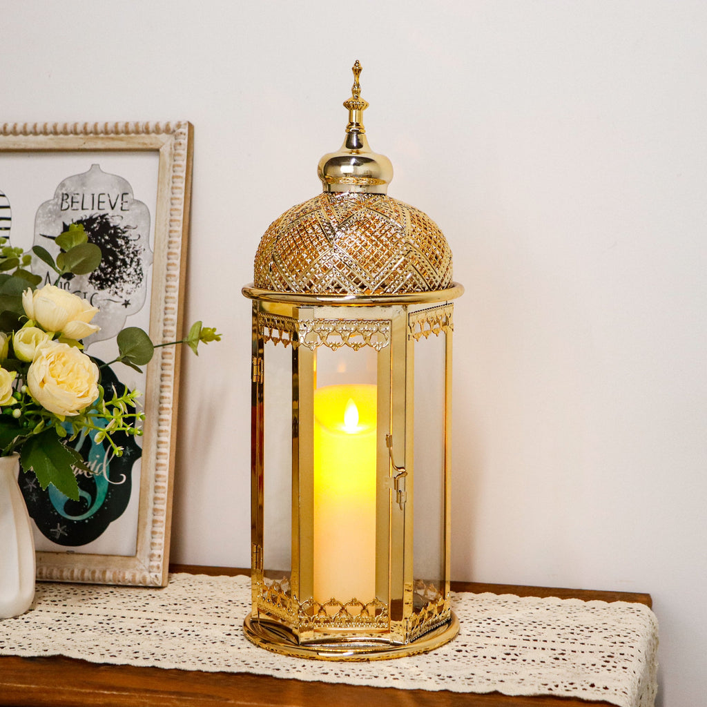 Moroccan Candle Lantern 17'' Gold Hexagonal Candle Holder | | Wiccan Center
