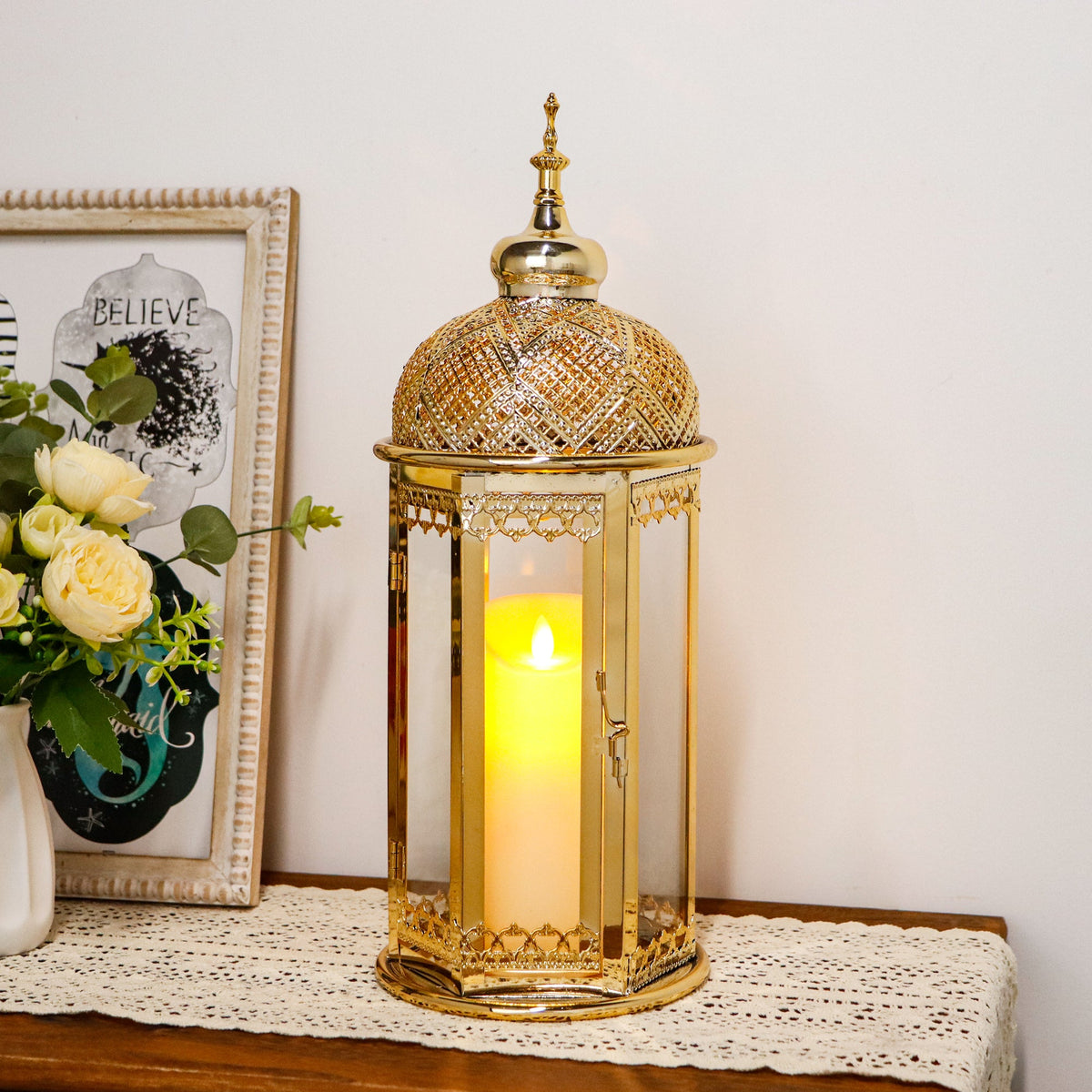 Moroccan Candle Lantern 17'' Gold Hexagonal Candle Holder | | Wiccan Center