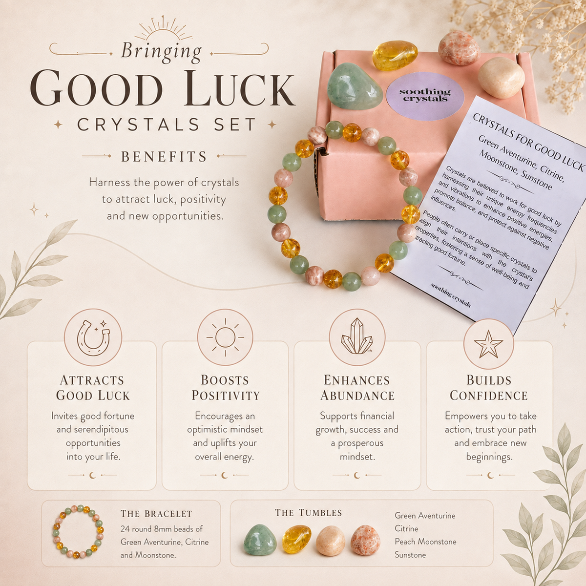 Bringing GOOD LUCK Crystal Kit, Gemstone Tumble Kit, Good Luck Crystal Gift Set