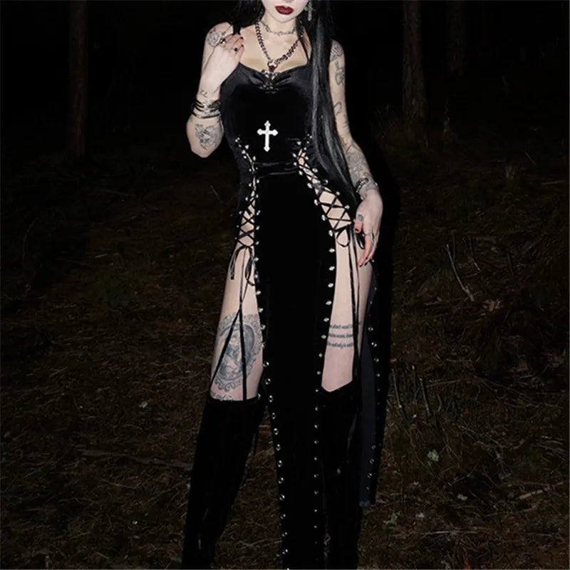 Velvet High Split Cross Dress | clothing | Wiccan Center