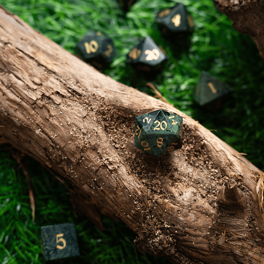 Green Eyed Hand Carved Gemstone DND Dice Set | Gemstone Dice | Wiccan Center