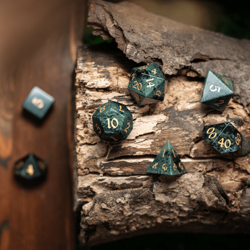 Green Eyed Hand Carved Gemstone DND Dice Set | Gemstone Dice | Wiccan Center