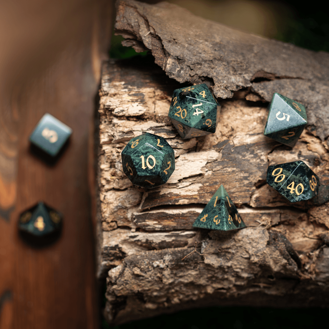 Green Eyed Hand Carved Gemstone DND Dice Set | Gemstone Dice | Wiccan Center
