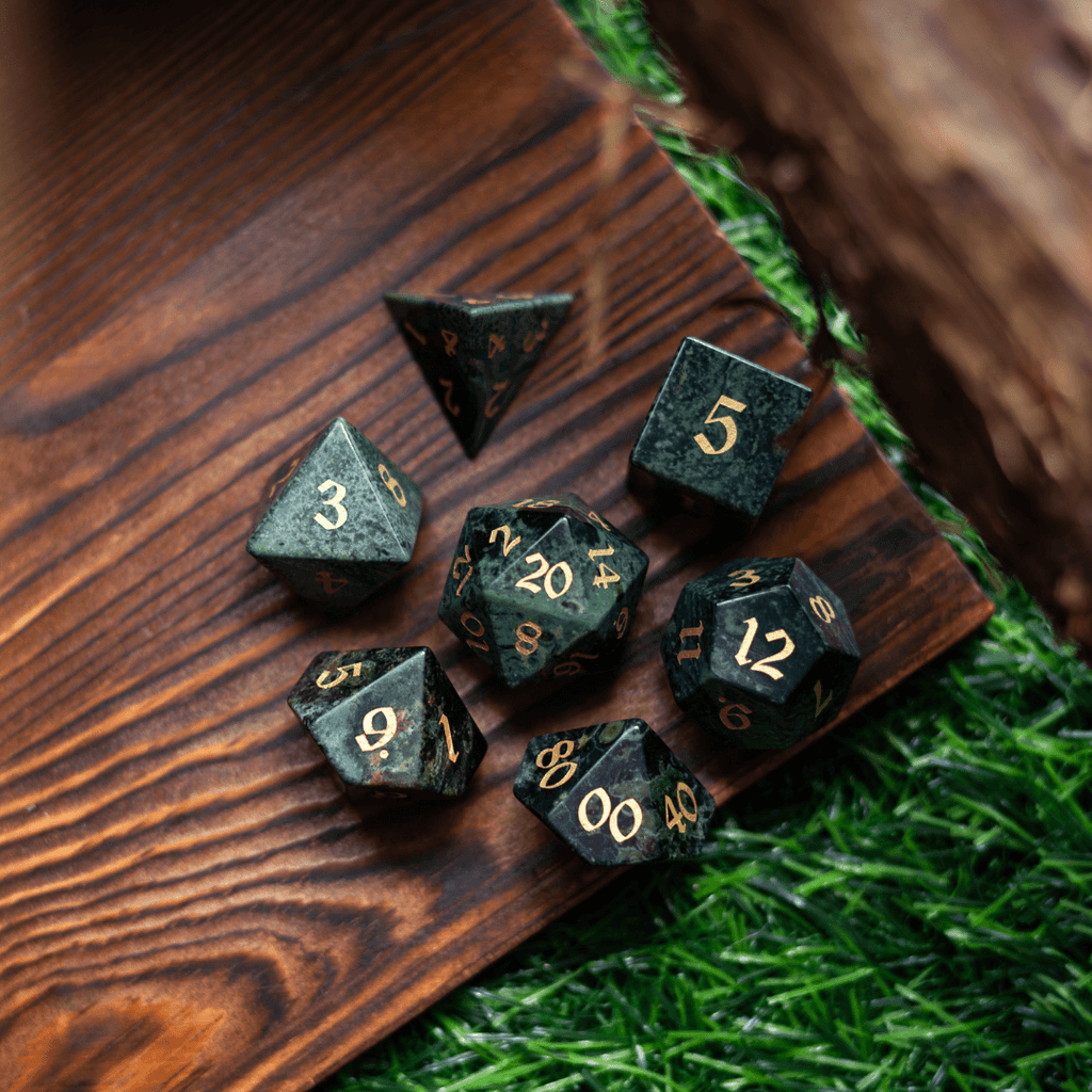 Green Eyed Hand Carved Gemstone DND Dice Set | Gemstone Dice | Wiccan Center