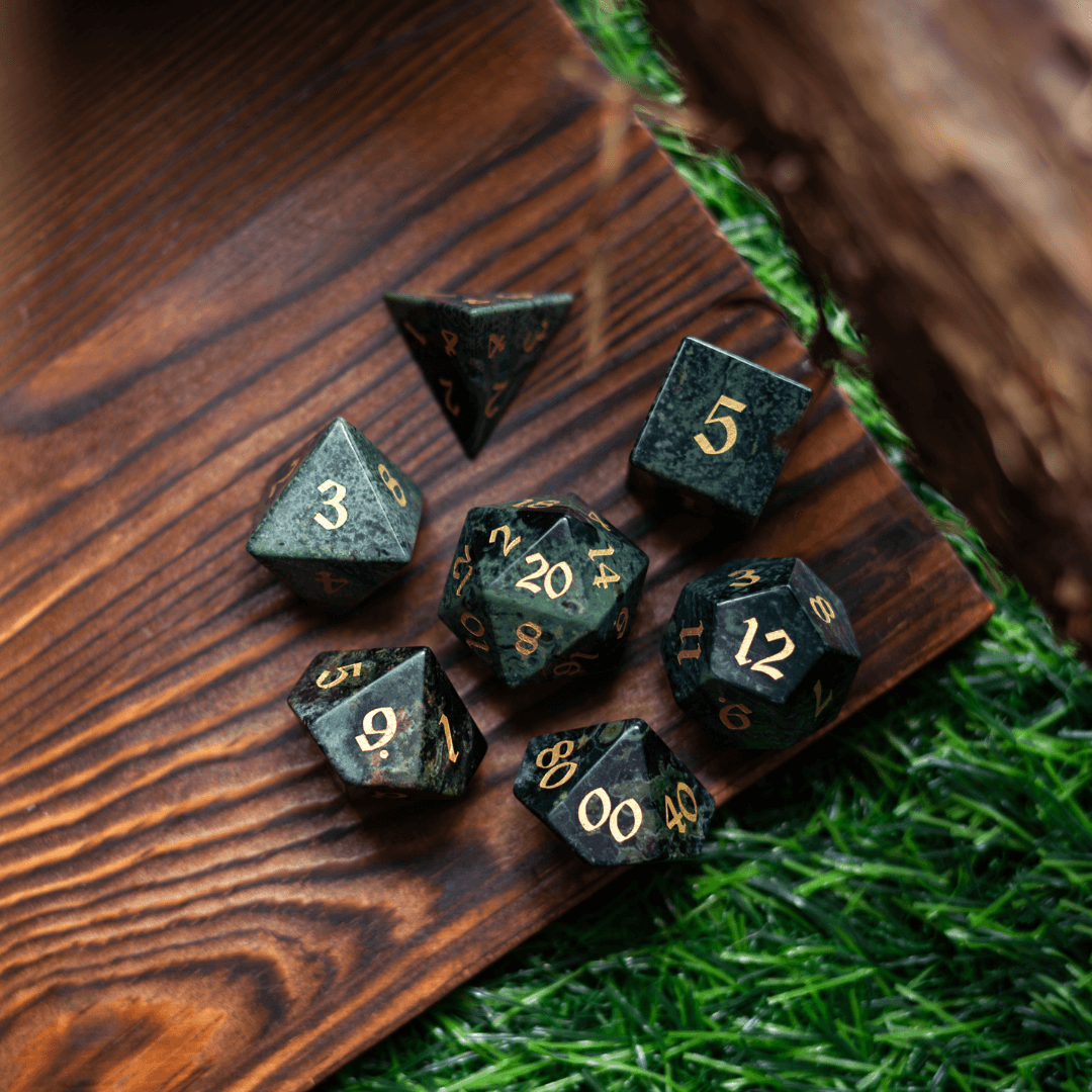 Green Eyed Hand Carved Gemstone DND Dice Set | Gemstone Dice | Wiccan Center