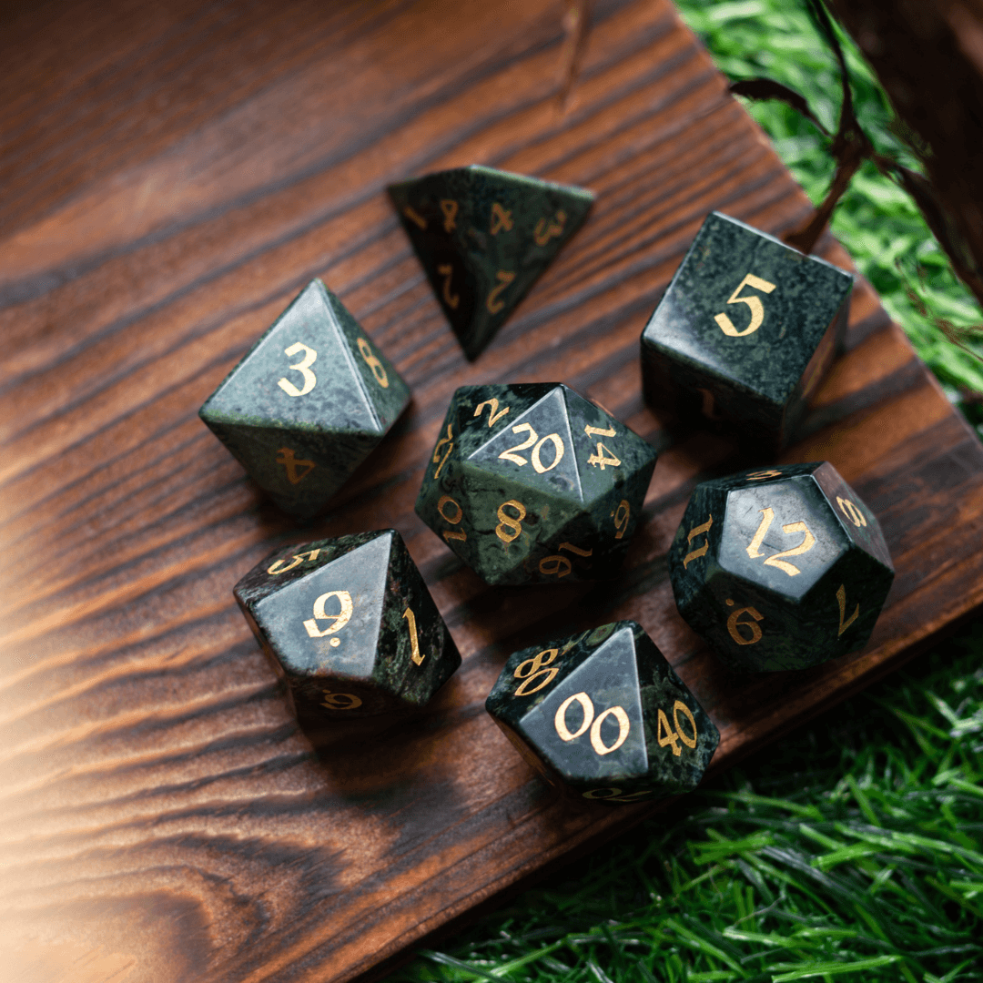 Green Eyed Hand Carved Gemstone DND Dice Set | Gemstone Dice | Wiccan Center