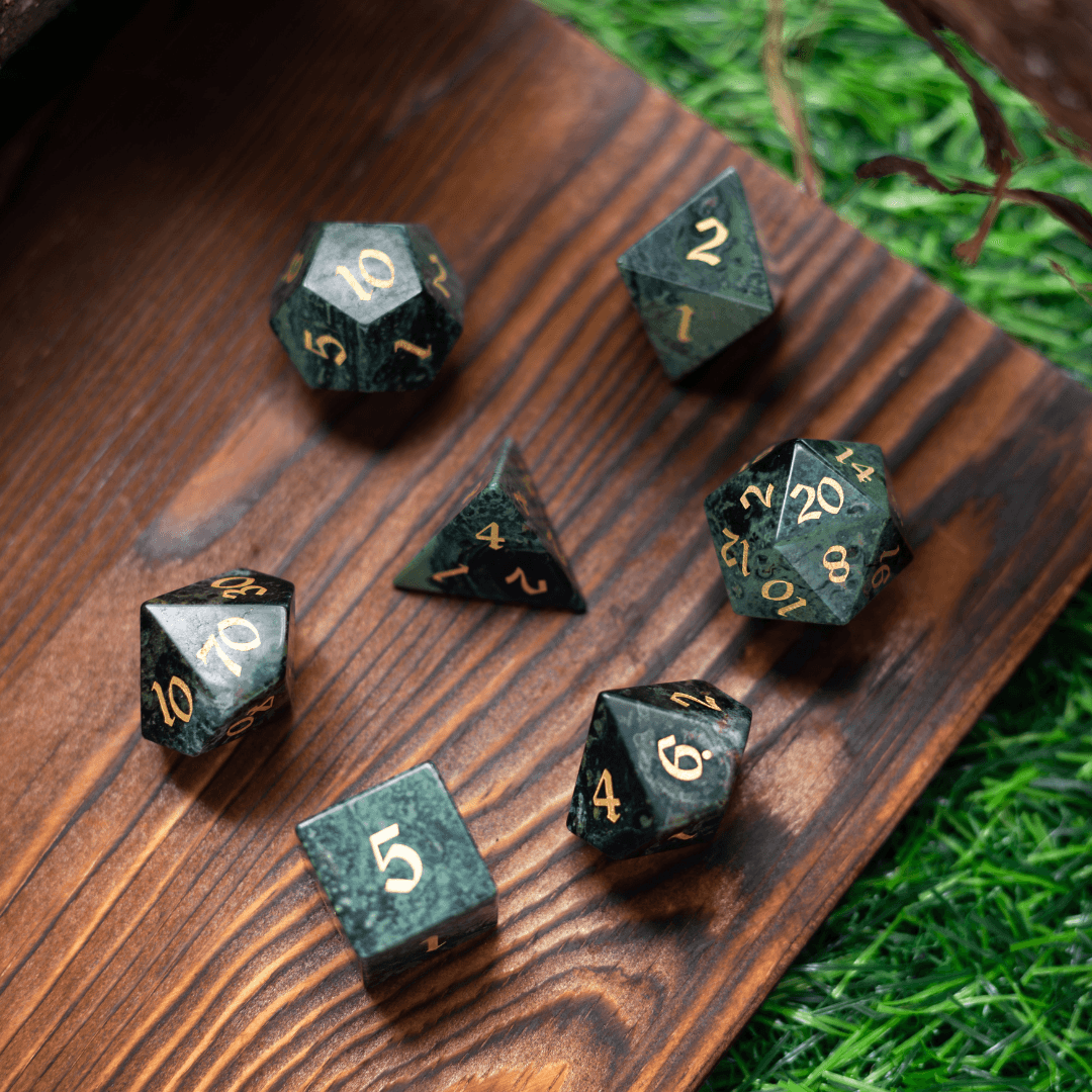 Green Eyed Hand Carved Gemstone DND Dice Set | Gemstone Dice | Wiccan Center
