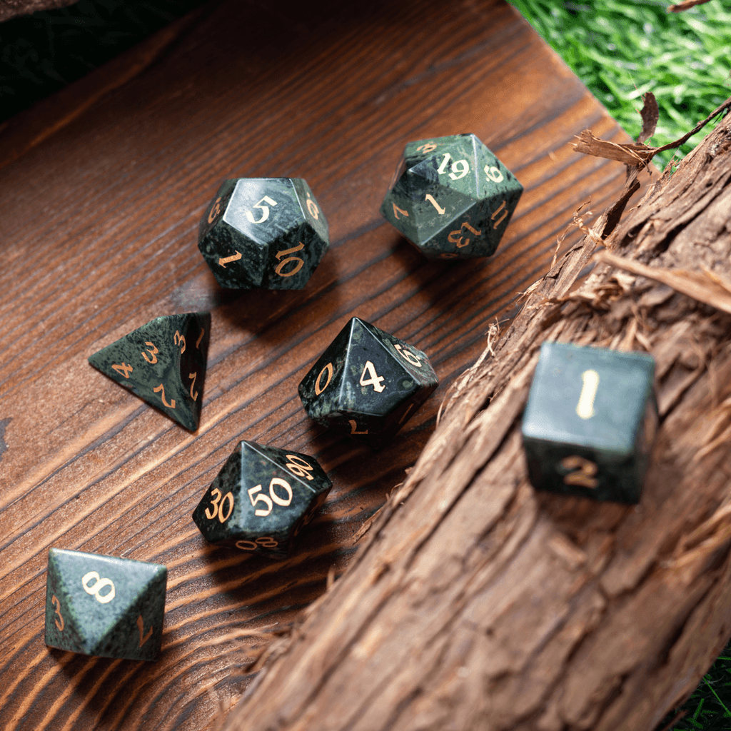 Green Eyed Hand Carved Gemstone DND Dice Set | Gemstone Dice | Wiccan Center