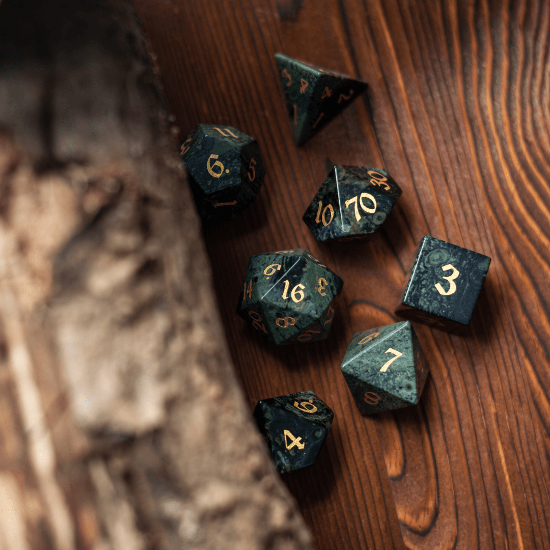 Green Eyed Hand Carved Gemstone DND Dice Set | Gemstone Dice | Wiccan Center