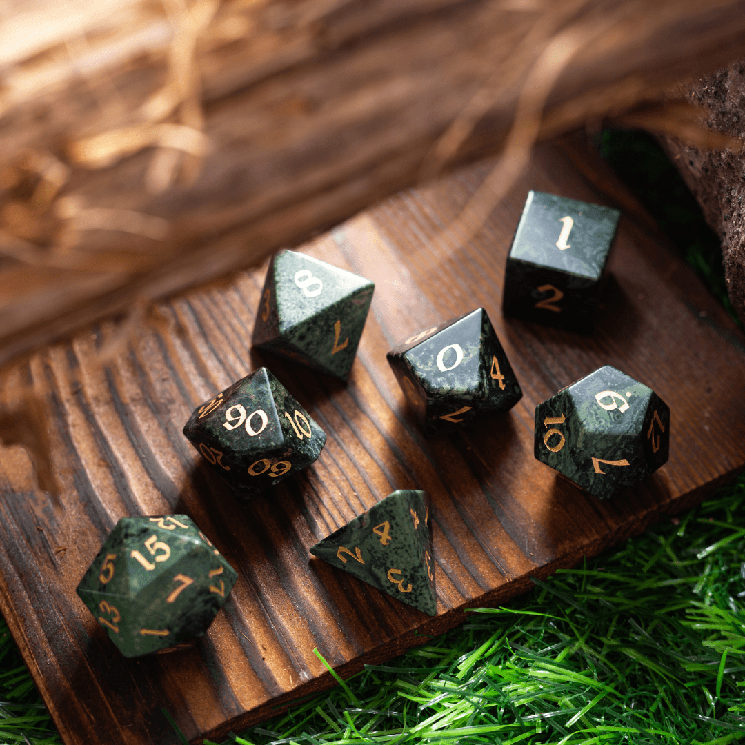 Green Eyed Hand Carved Gemstone DND Dice Set | Gemstone Dice | Wiccan Center