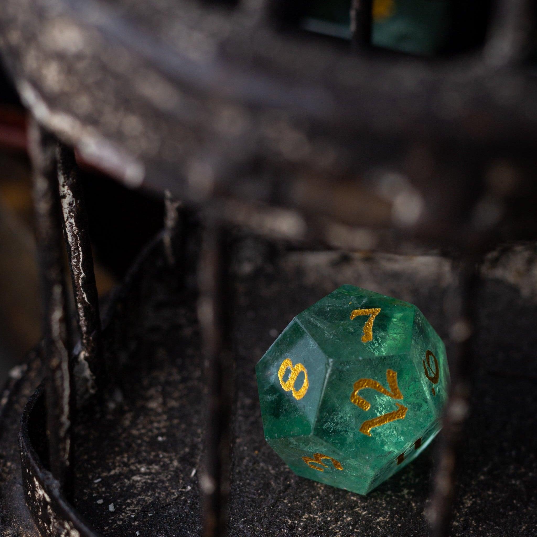 Green Fluorite Gemstone (Chlorophane) Hand Carved DND Dice Set | Gemstone Dice | Wiccan Center