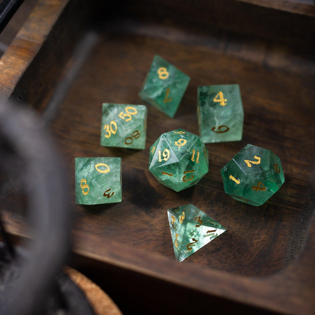 Green Fluorite Gemstone (Chlorophane) Hand Carved DND Dice Set | Gemstone Dice | Wiccan Center