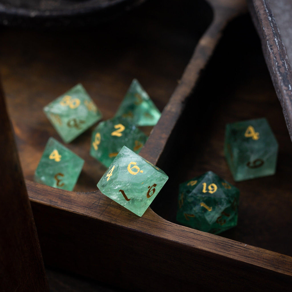 Green Fluorite Gemstone (Chlorophane) Hand Carved DND Dice Set | Gemstone Dice | Wiccan Center