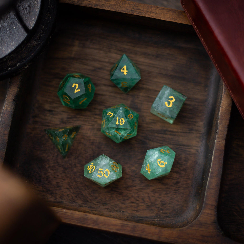 Green Fluorite Gemstone (Chlorophane) Hand Carved DND Dice Set | Gemstone Dice | Wiccan Center