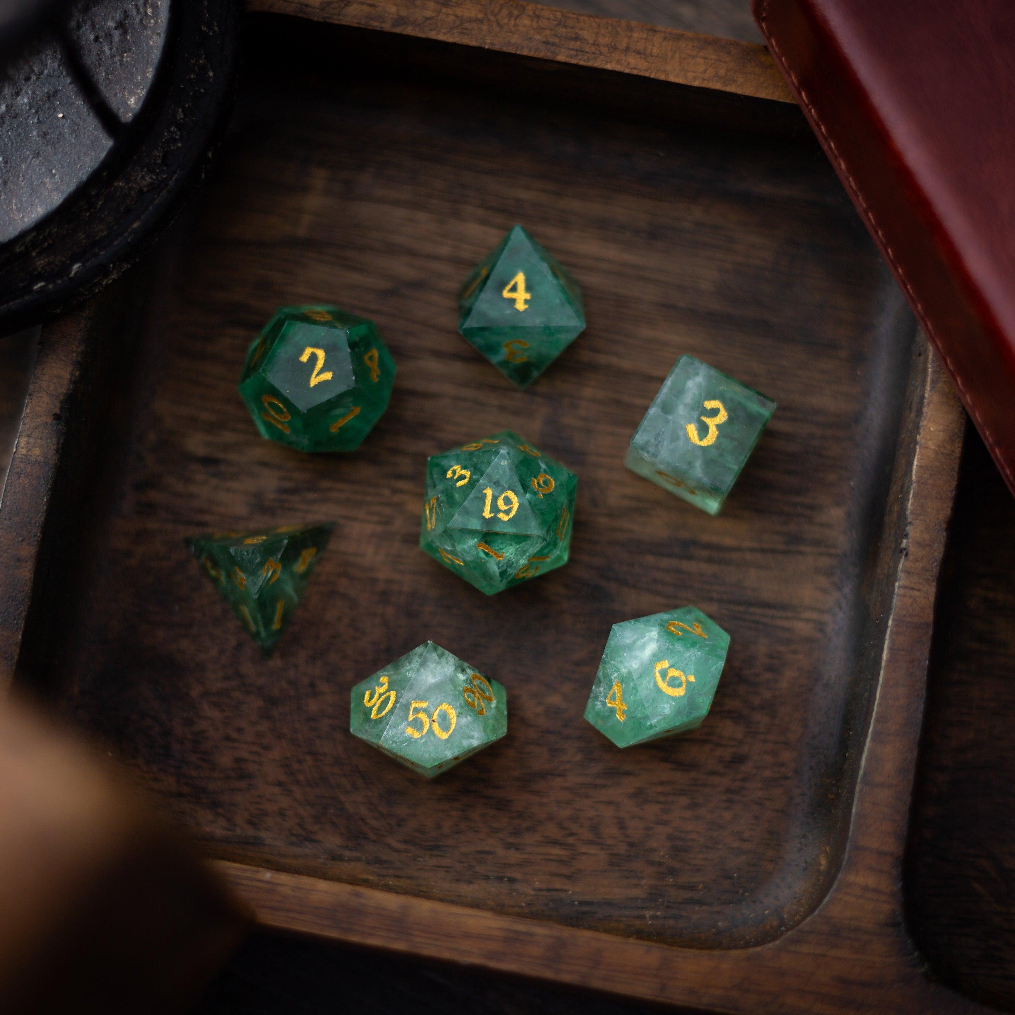 Green Fluorite Gemstone (Chlorophane) Hand Carved DND Dice Set | Gemstone Dice | Wiccan Center