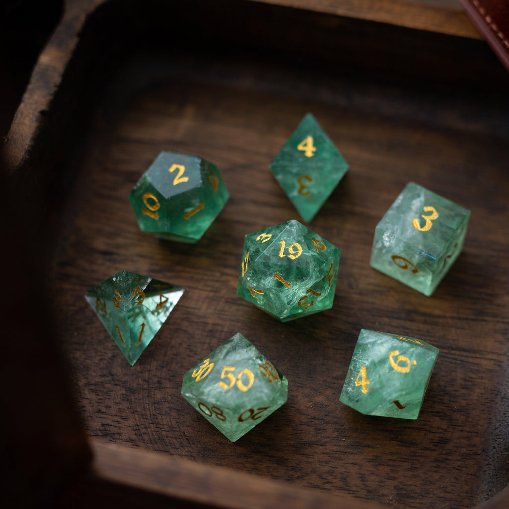 Green Fluorite Gemstone (Chlorophane) Hand Carved DND Dice Set | Gemstone Dice | Wiccan Center