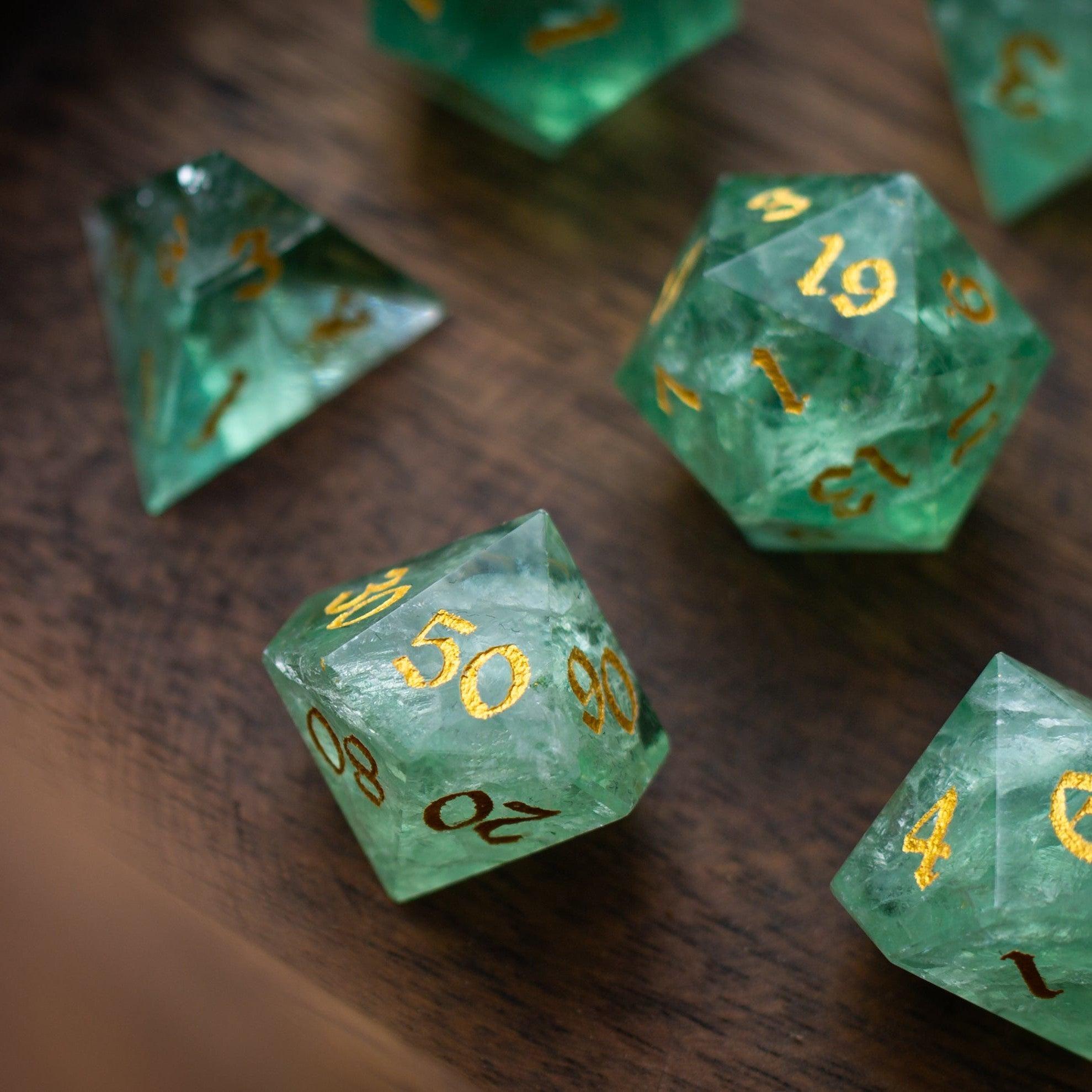 Green Fluorite Gemstone (Chlorophane) Hand Carved DND Dice Set | Gemstone Dice | Wiccan Center