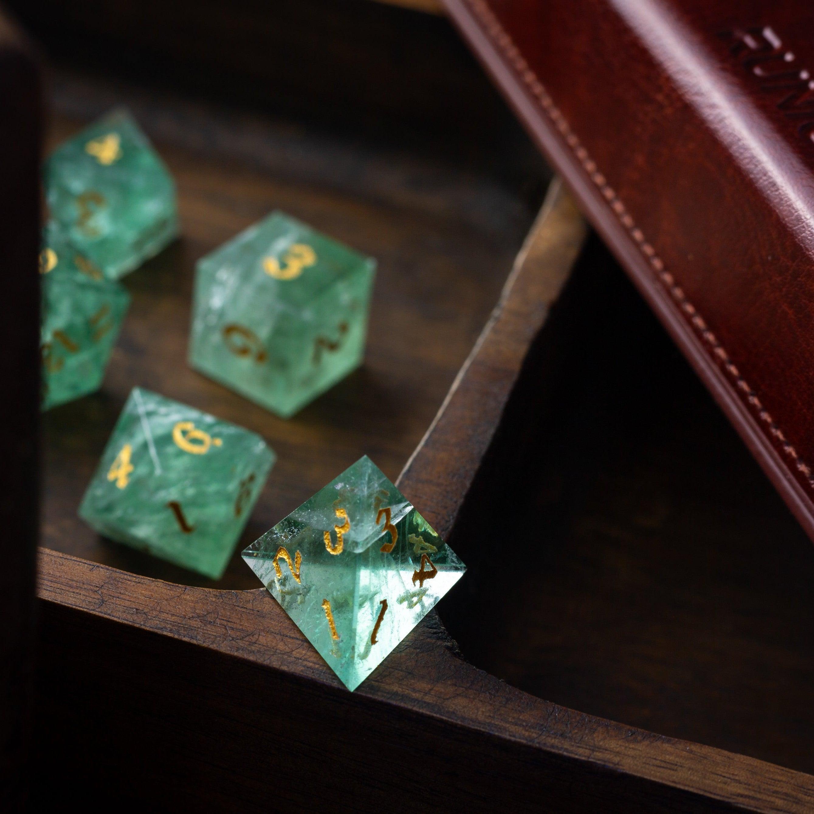 Green Fluorite Gemstone (Chlorophane) Hand Carved DND Dice Set | Gemstone Dice | Wiccan Center