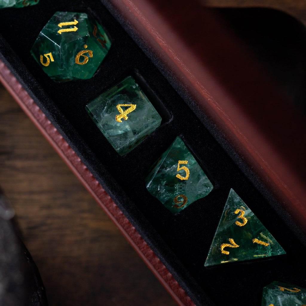 Green Fluorite Gemstone (Chlorophane) Hand Carved DND Dice Set | Gemstone Dice | Wiccan Center