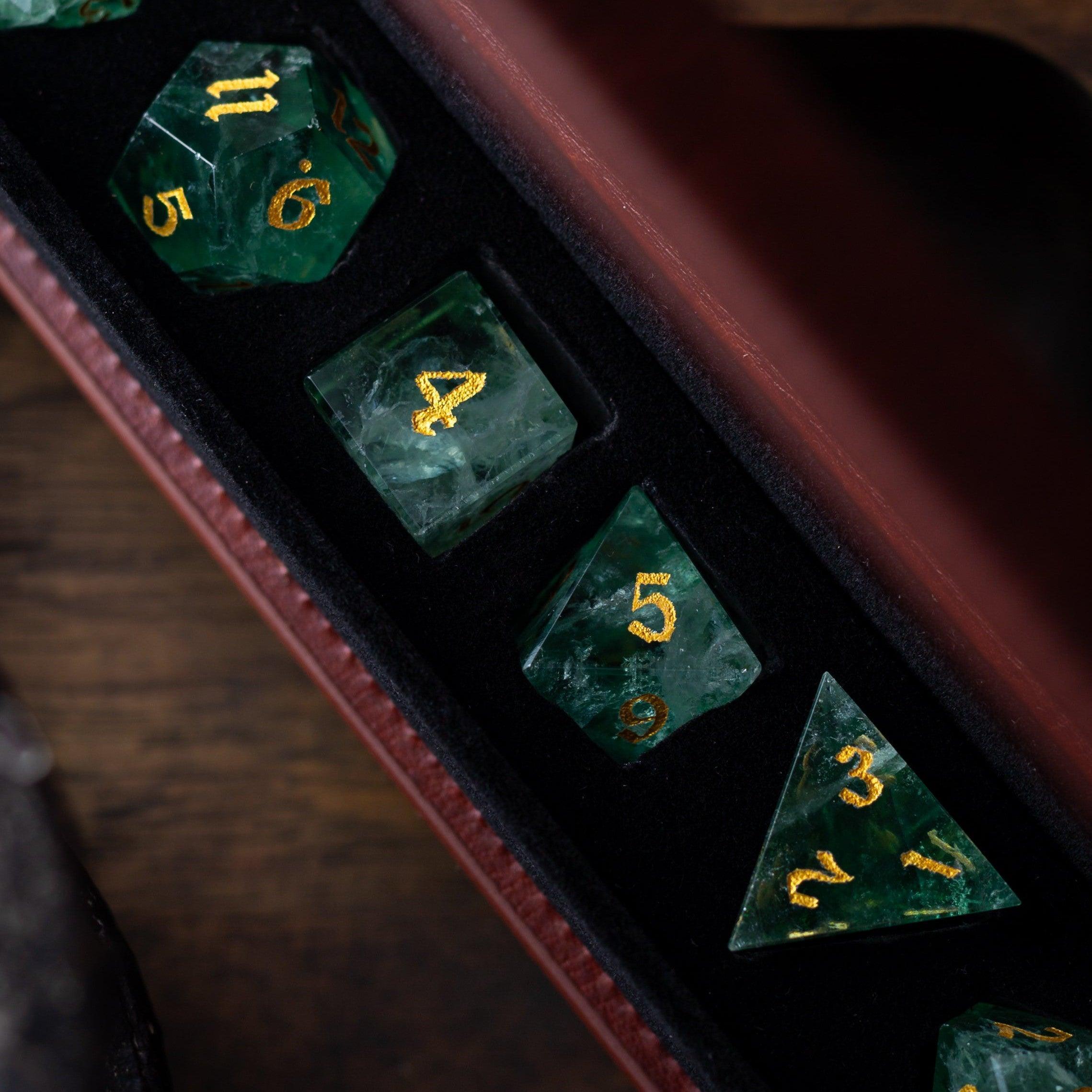 Green Fluorite Gemstone (Chlorophane) Hand Carved DND Dice Set | Gemstone Dice | Wiccan Center