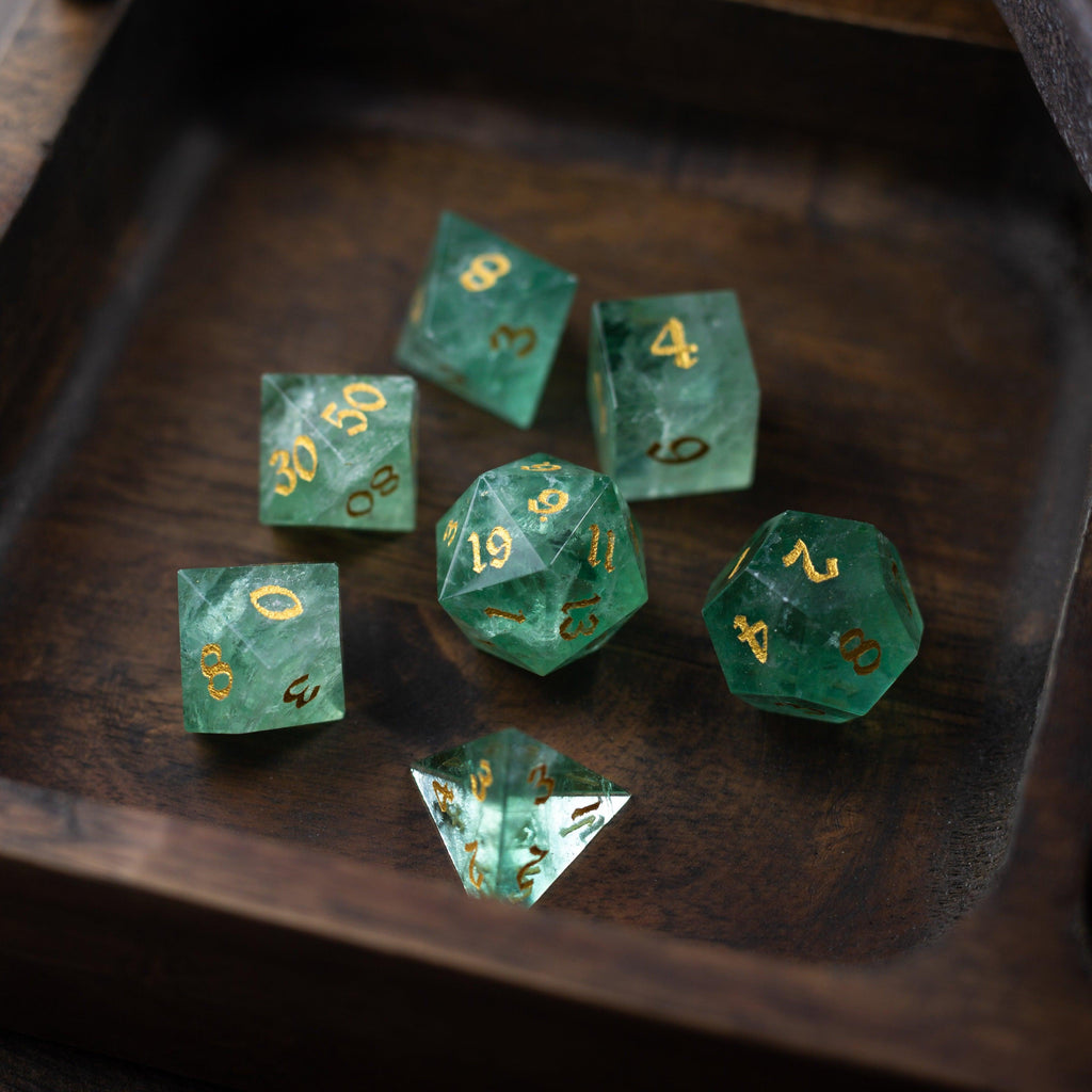 Green Fluorite Gemstone (Chlorophane) Hand Carved DND Dice Set | Gemstone Dice | Wiccan Center