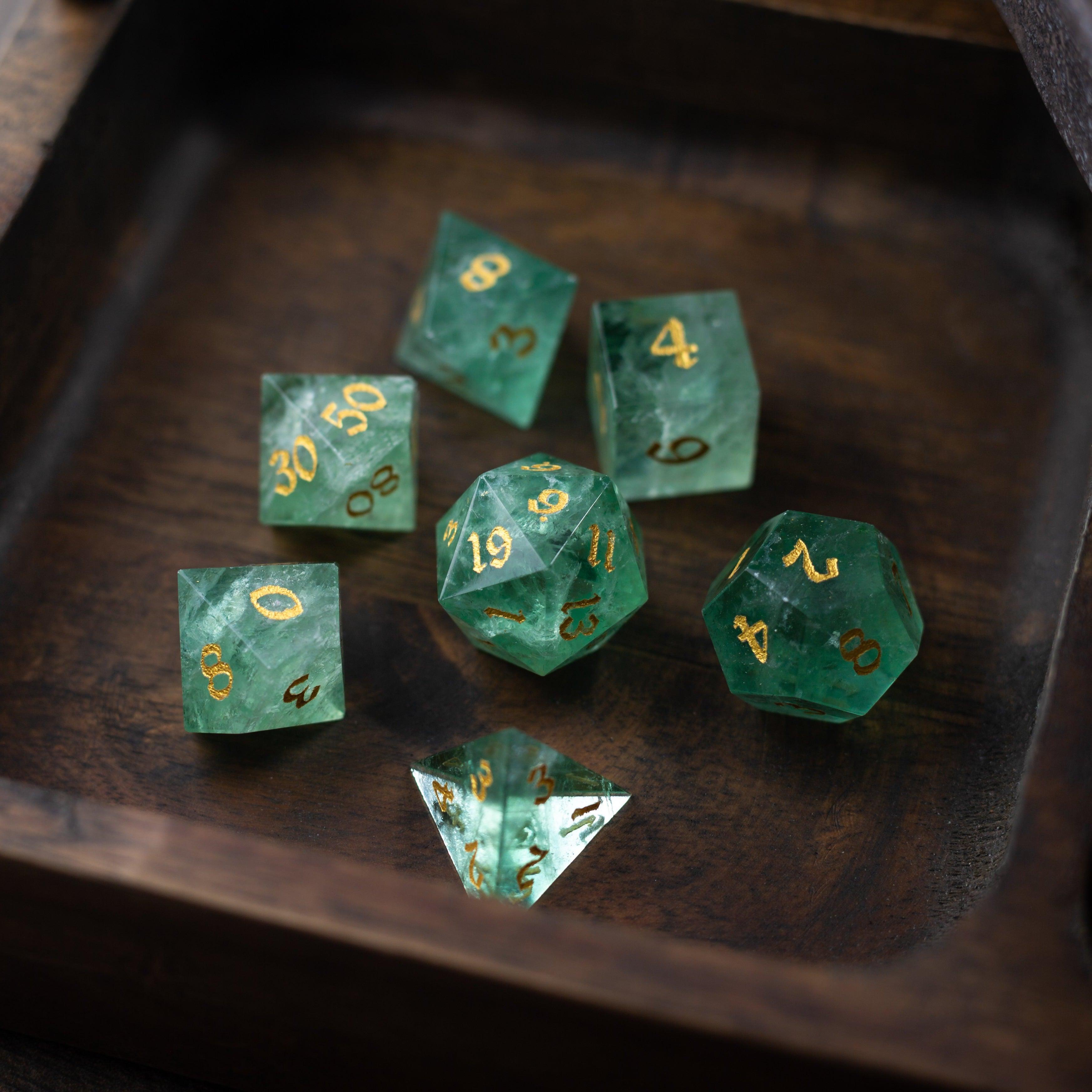Green Fluorite Gemstone (Chlorophane) Hand Carved DND Dice Set | Gemstone Dice | Wiccan Center
