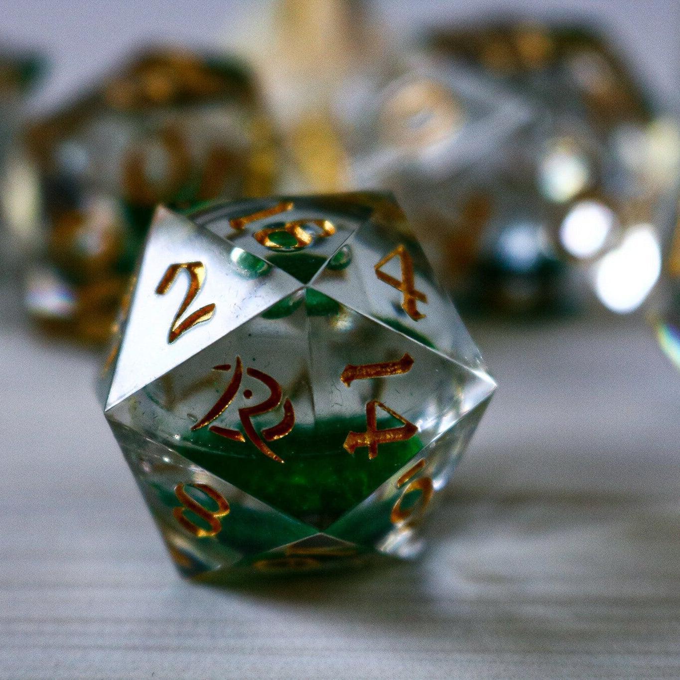 Green Glitter Liquid Core Handmade Sharp Edge Resin DND Dice Set | Liquid Core Dice | Wiccan Center