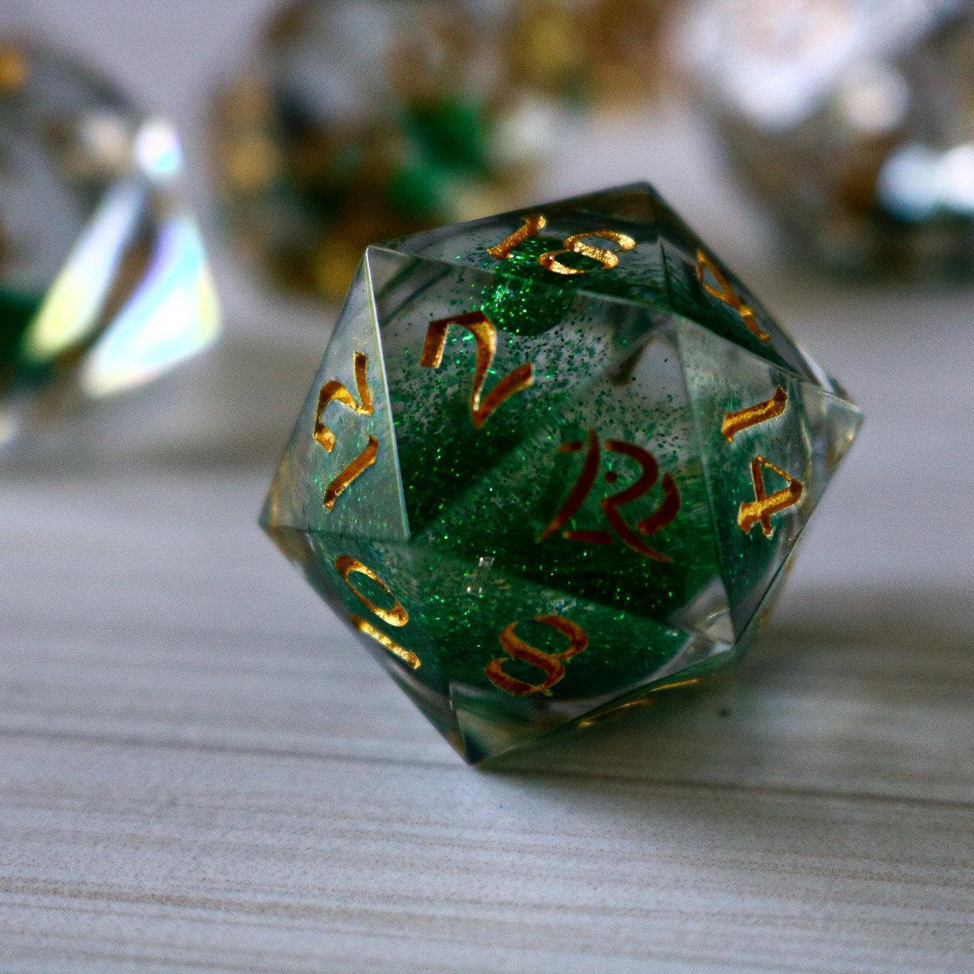 Green Glitter Liquid Core Handmade Sharp Edge Resin DND Dice Set | Liquid Core Dice | Wiccan Center