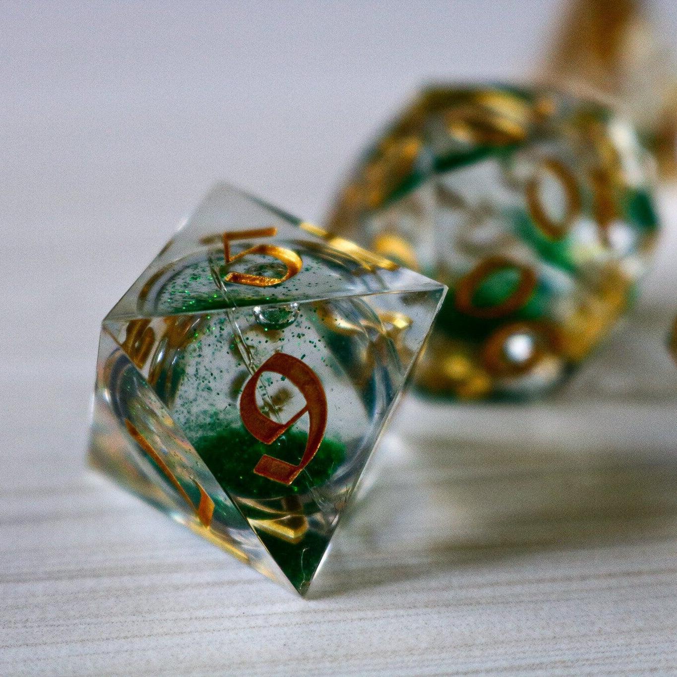 Green Glitter Liquid Core Handmade Sharp Edge Resin DND Dice Set | Liquid Core Dice | Wiccan Center