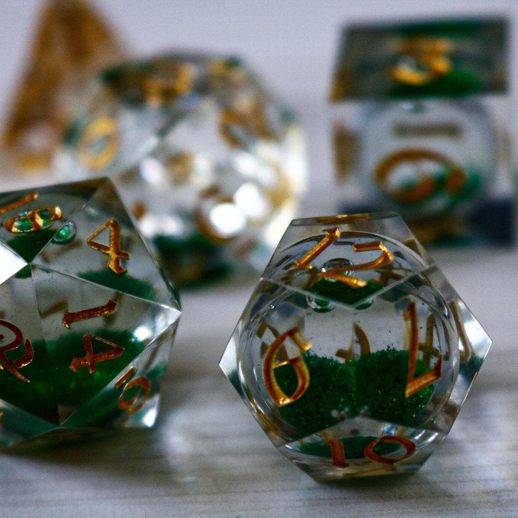 Green Glitter Liquid Core Handmade Sharp Edge Resin DND Dice Set | Liquid Core Dice | Wiccan Center