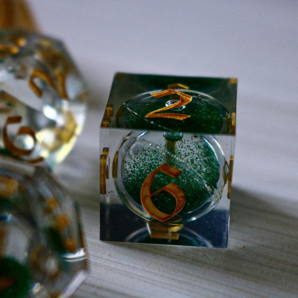 Green Glitter Liquid Core Handmade Sharp Edge Resin DND Dice Set | Liquid Core Dice | Wiccan Center