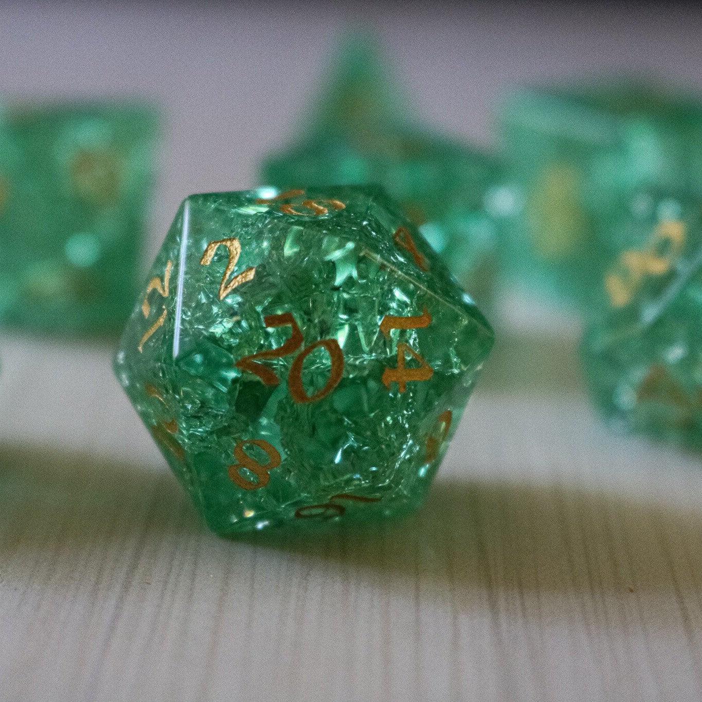 Green Lightning Cracked Glass DND Dice Set | Gemstone Dice | Wiccan Center
