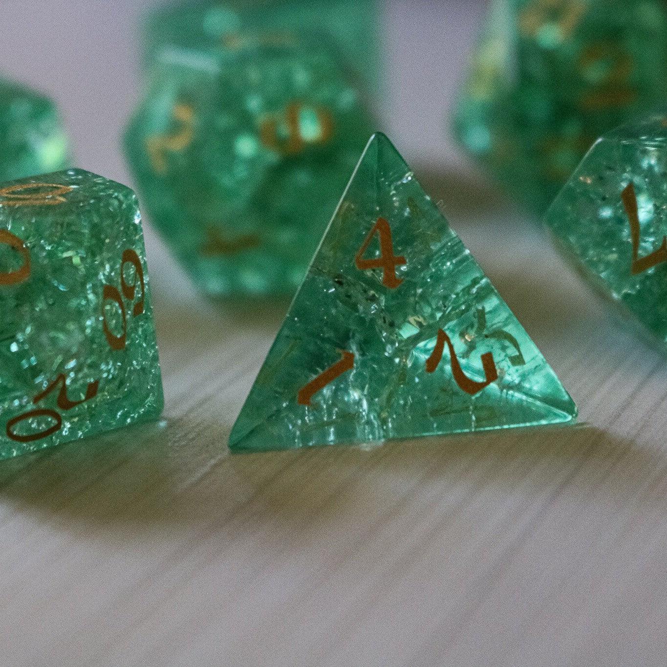 Green Lightning Cracked Glass DND Dice Set | Gemstone Dice | Wiccan Center