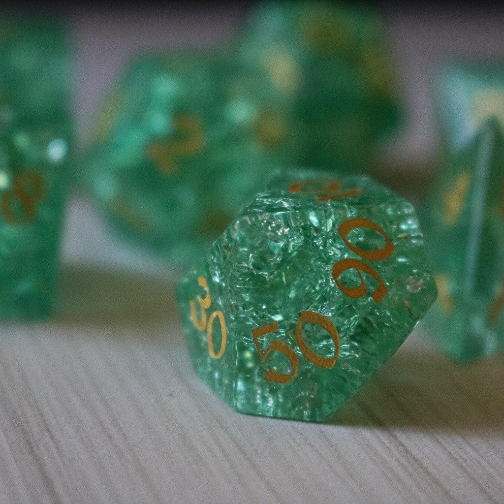 Green Lightning Cracked Glass DND Dice Set | Gemstone Dice | Wiccan Center