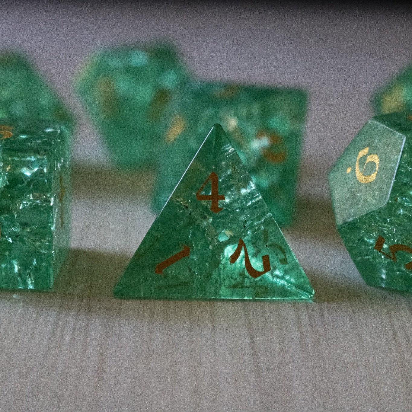 Green Lightning Cracked Glass DND Dice Set | Gemstone Dice | Wiccan Center