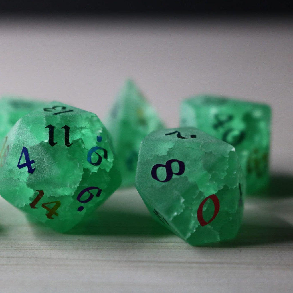 Green Mint Inked Lightning Cracked Glass DND Dice Set | Gemstone Dice | Wiccan Center