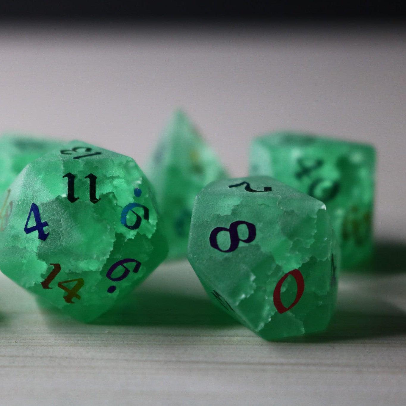 Green Mint Inked Lightning Cracked Glass DND Dice Set | Gemstone Dice | Wiccan Center