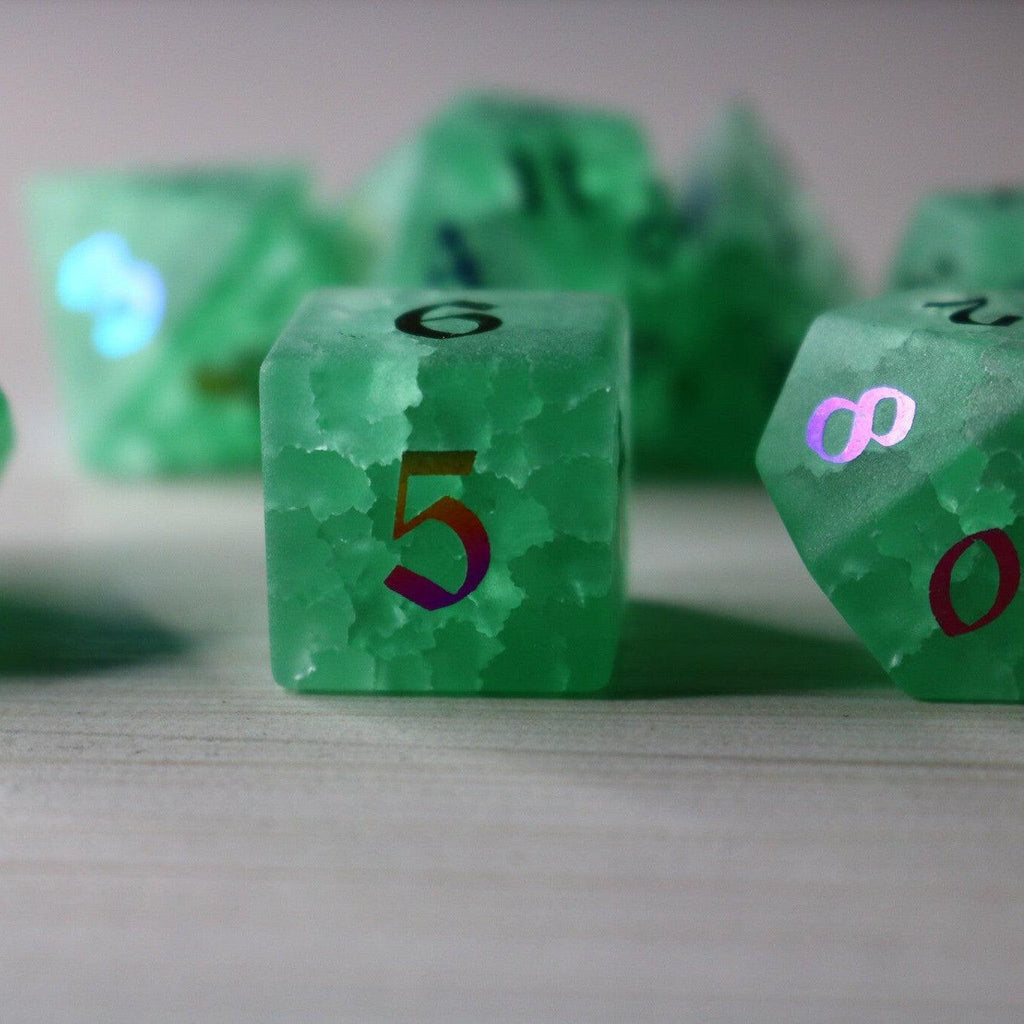 Green Mint Inked Lightning Cracked Glass DND Dice Set | Gemstone Dice | Wiccan Center