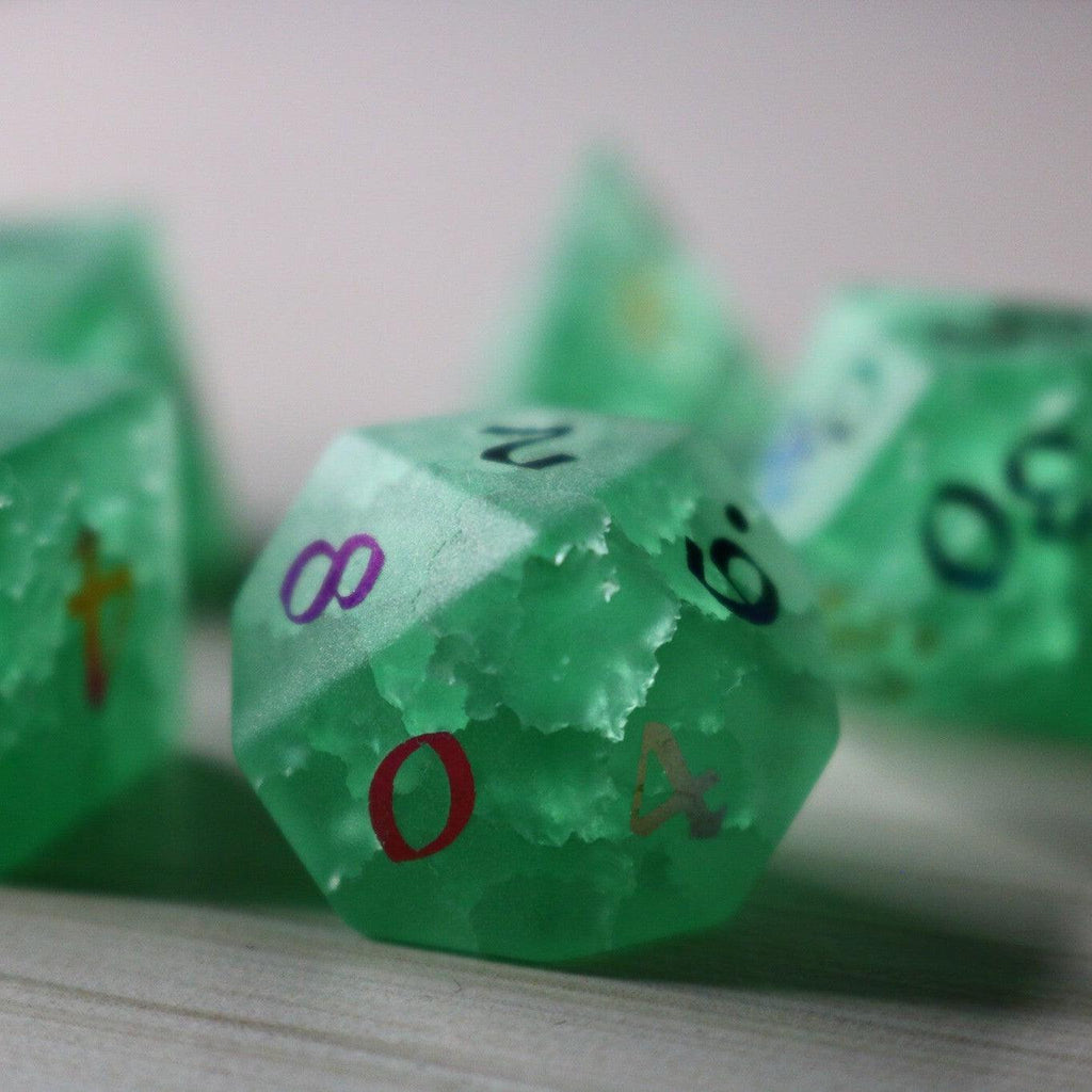 Green Mint Inked Lightning Cracked Glass DND Dice Set | Gemstone Dice | Wiccan Center