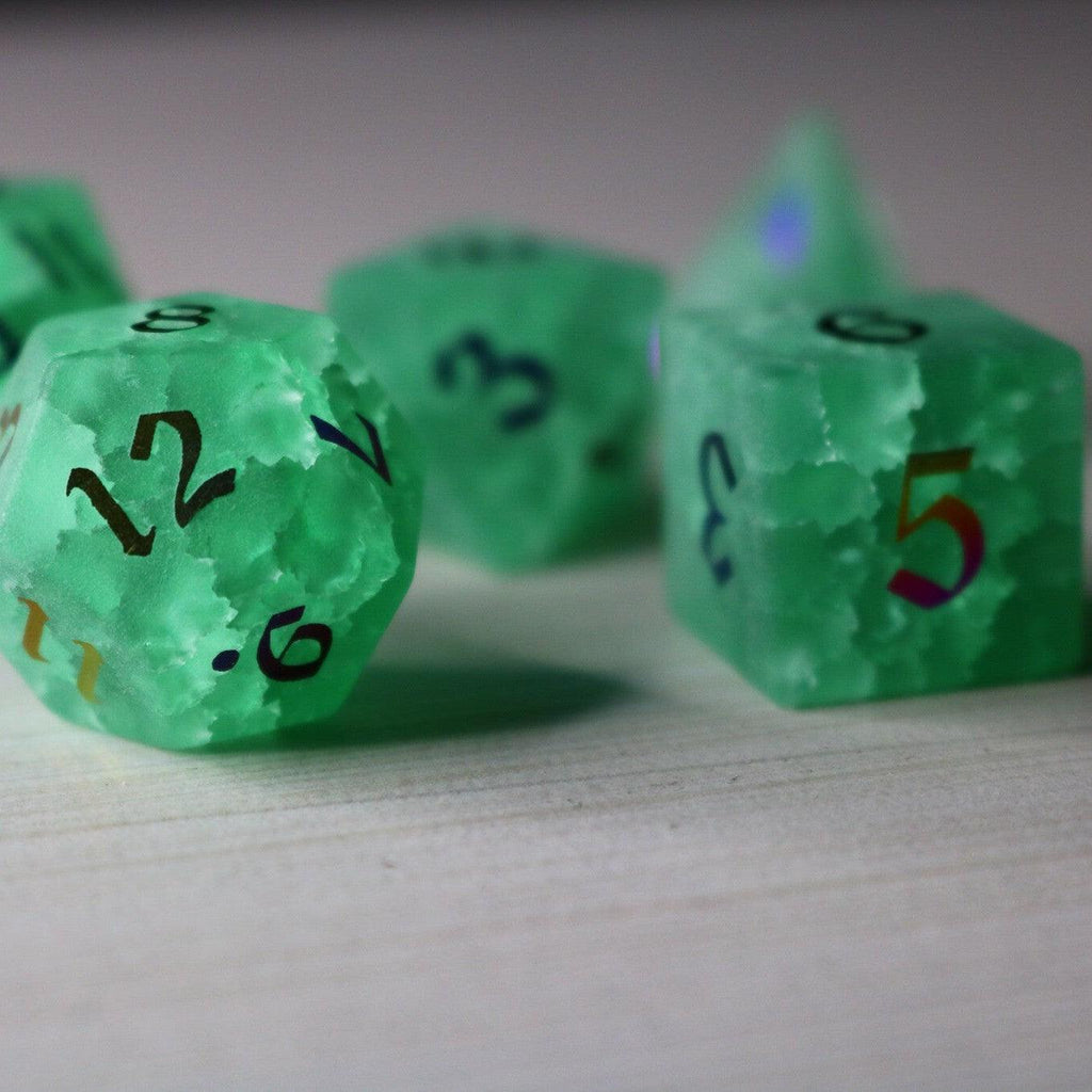 Green Mint Inked Lightning Cracked Glass DND Dice Set | Gemstone Dice | Wiccan Center