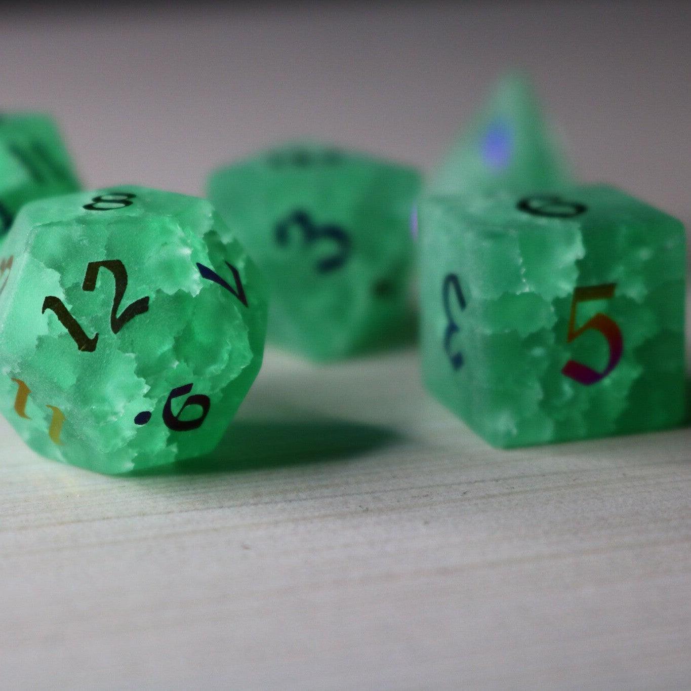 Green Mint Inked Lightning Cracked Glass DND Dice Set | Gemstone Dice | Wiccan Center
