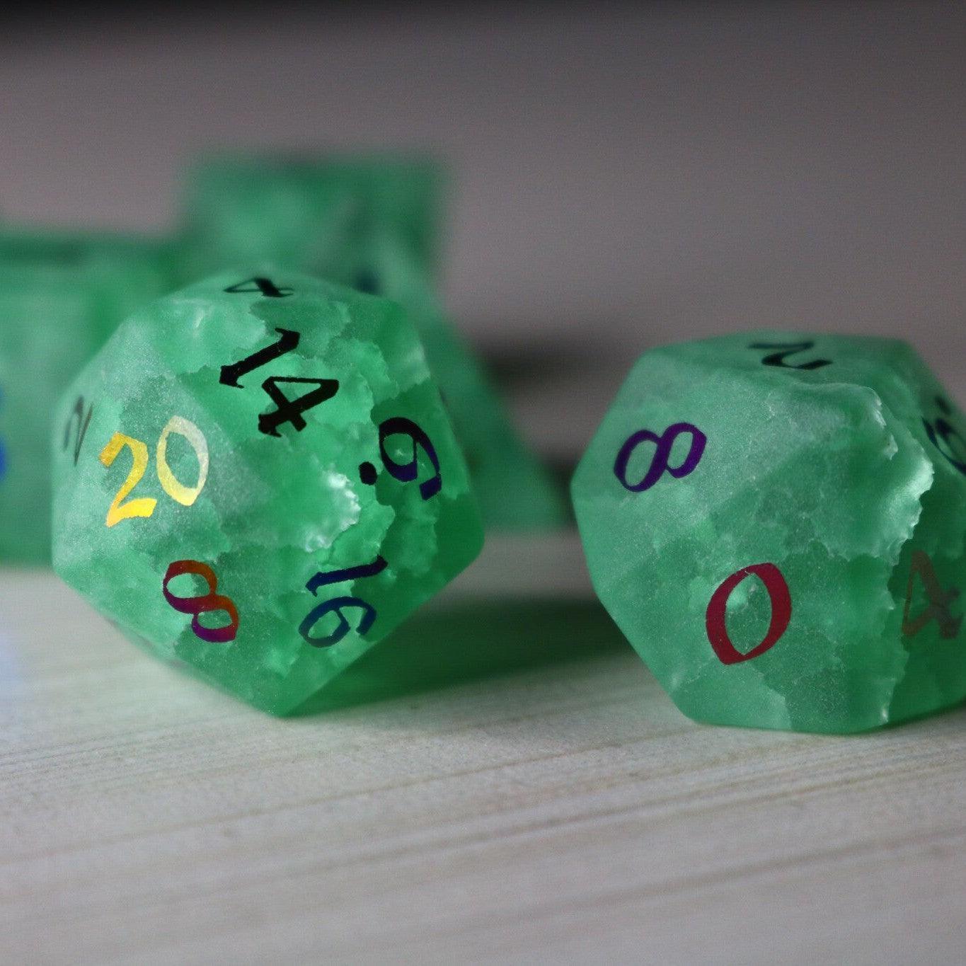 Green Mint Inked Lightning Cracked Glass DND Dice Set | Gemstone Dice | Wiccan Center