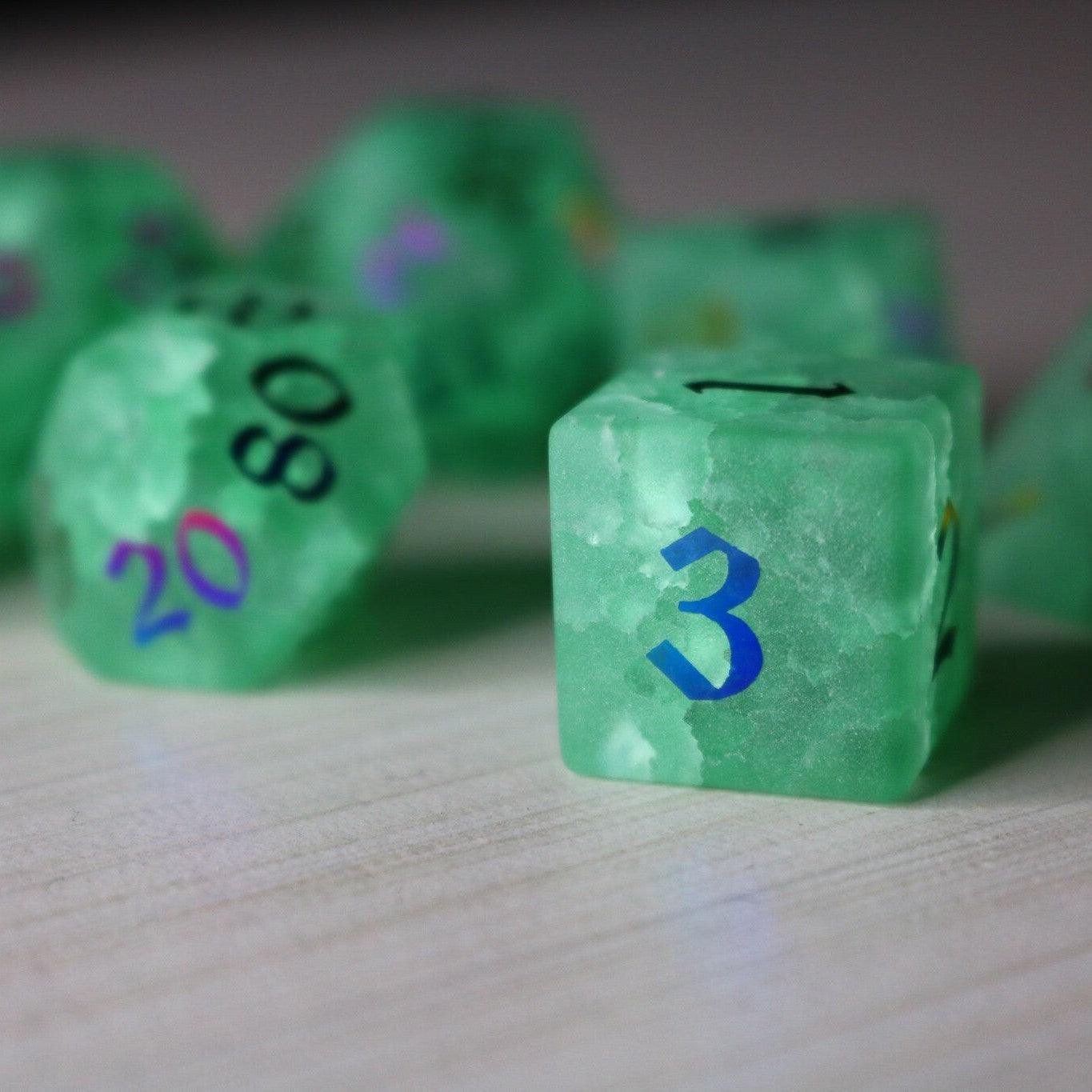 Green Mint Inked Lightning Cracked Glass DND Dice Set | Gemstone Dice | Wiccan Center